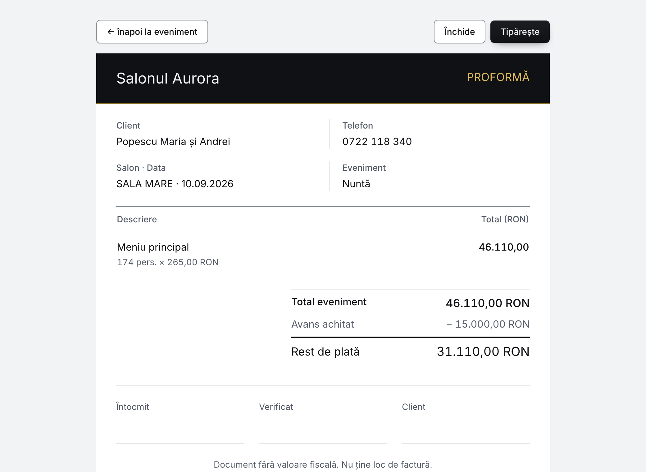 Proforma tipăribilă: antetul salonului, liniile, totalul, avansul și restul de plată.